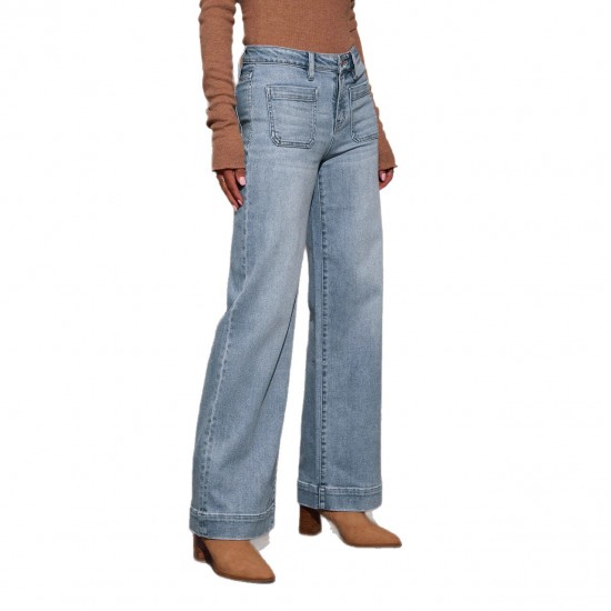 Spring new European and American high waisted jeans for women slimming wide leg retro elegant straight leg pants.