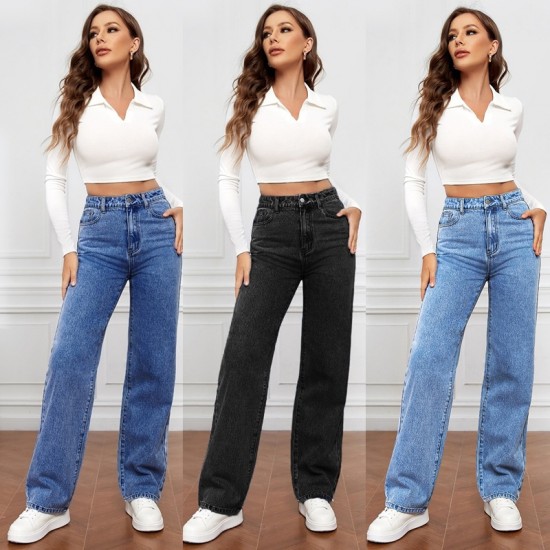 New cross border European and American high waisted washed women's jeans Amazon's fashionable and versatile long straight leg pants.