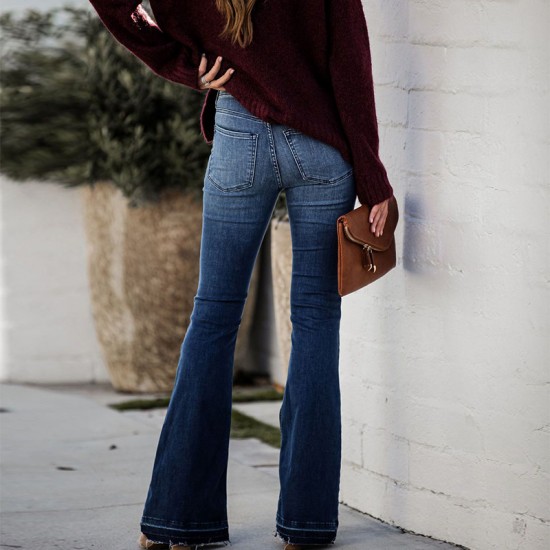 Factory direct sales European and American cross border foreign trade women's jeans fashionable slim fit stretch raw edge high waisted flared pants