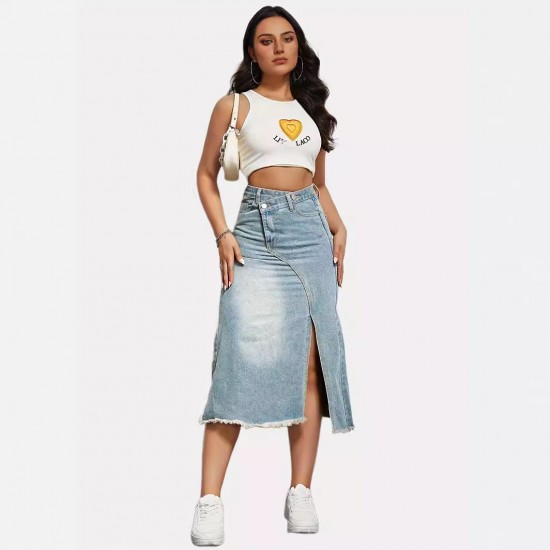 New Spring/Summer New Cross Border American Retro Denim Skirt for Women Fashionable Slit Spliced ​​Midi A Line Skirt