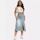 New Spring/Summer New Cross Border American Retro Denim Skirt for Women Fashionable Slit Spliced ​​Midi A Line Skirt