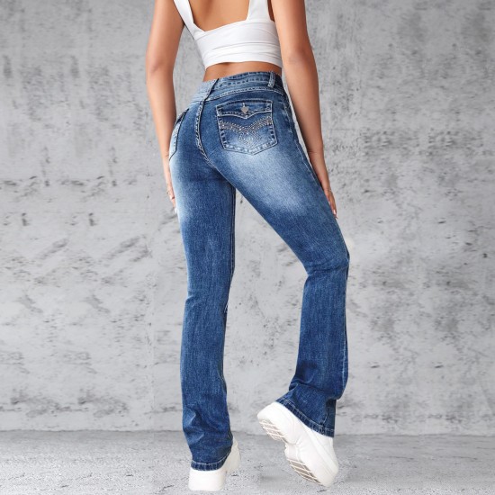 Factory direct sales cross border European and American retro hot girl jeans tight fitting high elastic flared pants for women in stock