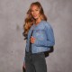 Spring new women's slim fitting collarless long sleeved denim jacket vintage multi pocket work jacket.