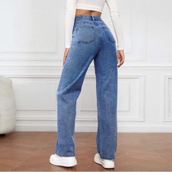 New cross border European and American high waisted washed women's jeans Amazon's fashionable and versatile long straight leg pants.
