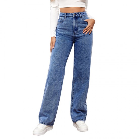 New cross border European and American high waisted washed women's jeans Amazon's fashionable and versatile long straight leg pants.