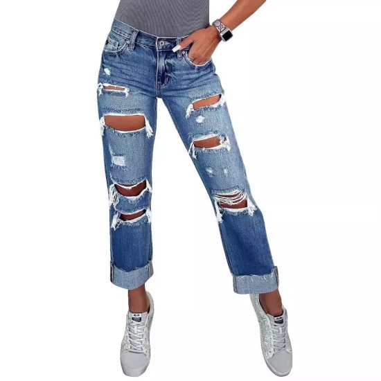 Factory direct sales new cross border women's ripped jeans with pockets slimming European straight leg pants