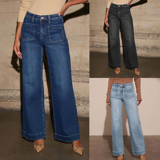 Spring new European and American high waisted jeans for women slimming wide leg retro elegant straight leg pants.