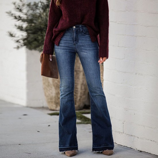 Factory direct sales European and American cross border foreign trade women's jeans fashionable slim fit stretch raw edge high waisted flared pants