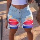 Spring and summer new European and American cross border patchwork denim shorts for women stylish streetwear ripped straight leg mid length pants in stock