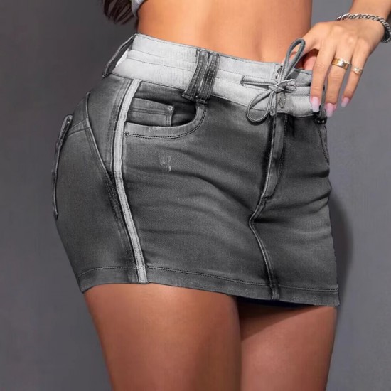 New European and American style skirts cross border Amazon short contrasting drawstring hip skirts for women.