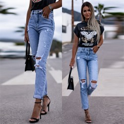 Spring Amazon Factory Shop European and American Stretch Ripped Women's Straight Leg Skinny Hip Lifting Fashion Jeans