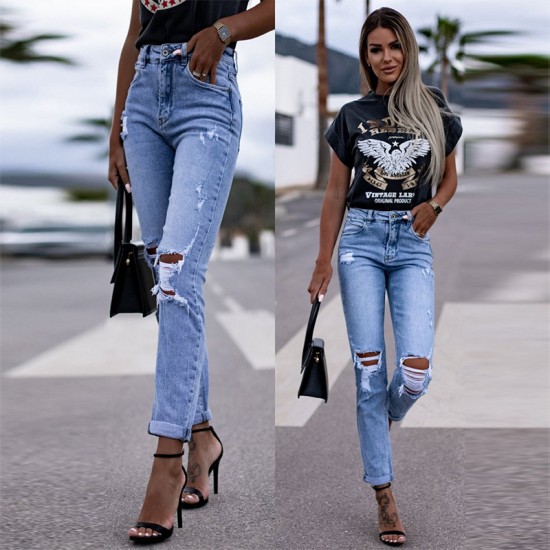 Spring Amazon Factory Shop European and American Stretch Ripped Women's Straight Leg Skinny Hip Lifting Fashion Jeans