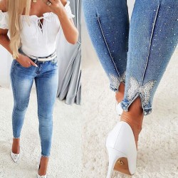 Amazon Cross Border New Slimming High Waisted Diamond Bow Jeans for Women Elastic Fit Skinny Pants