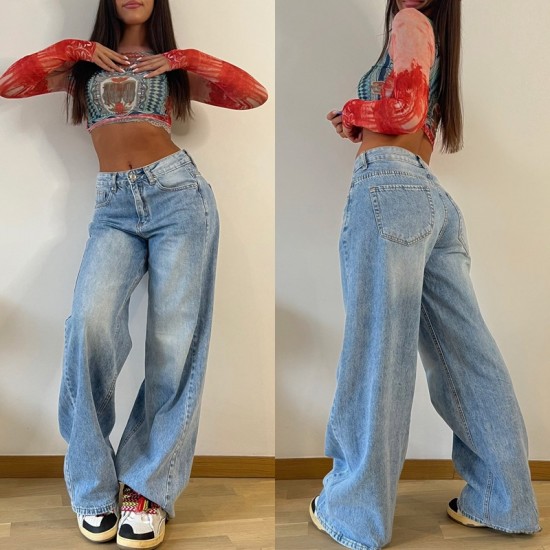 New European and American cross border retro American style long wide leg pants hot girl loose jeans high waist straight leg pants