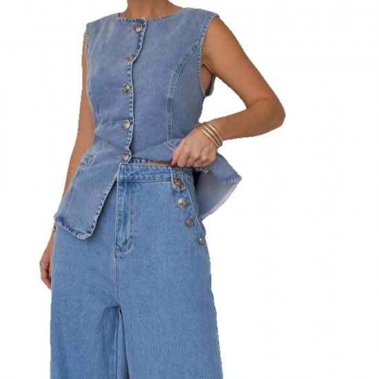  fashionable washed sleeveless vest and trousers set high waisted slimming wide leg denim trousers for women.