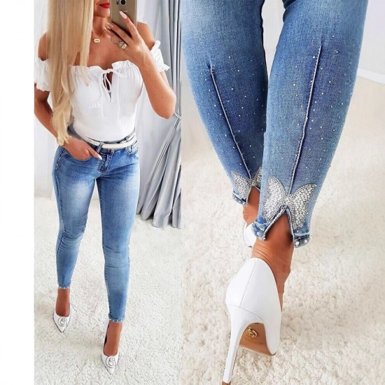 Amazon Cross Border New Slimming High Waisted Diamond Bow Jeans for Women Elastic Fit Skinny Pants