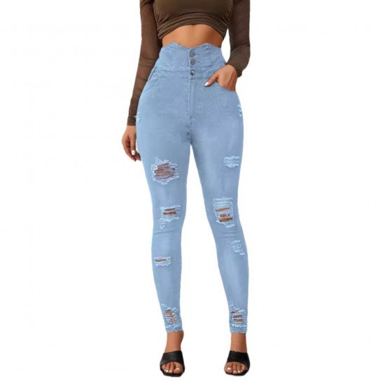 New European and American Cross Border Super High Waisted Ripped Jeans Tight Leg Slimming Skinny Pants for Women