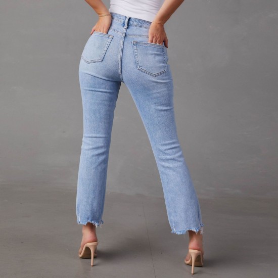  European and American new cross border foreign trade stretch straight leg jeans for women stylish commuter friendly ripped washed trousers