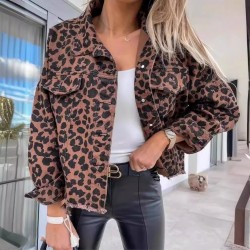 New European and American spring and autumn denim jackets leopard print long sleeved short loose fitting casual jackets for women now in stock.