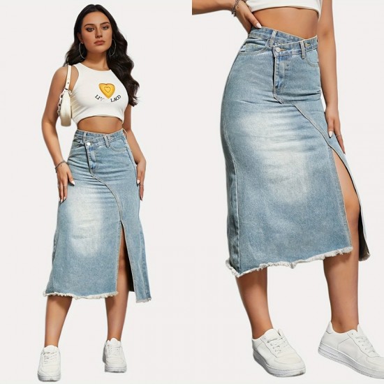 New Spring/Summer New Cross Border American Retro Denim Skirt for Women Fashionable Slit Spliced ​​Midi A Line Skirt