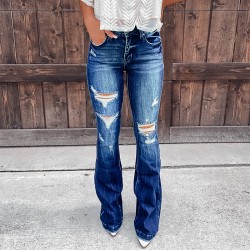 Factory direct sales European and American cross border Amazon independent platform new high waisted ripped jeans for women Slightly flared casual pants