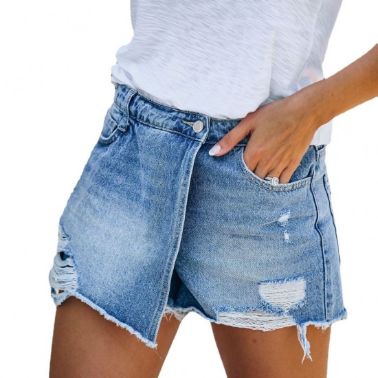 New European and American summer casual elegant washed ripped skirt light blue women's denim shorts