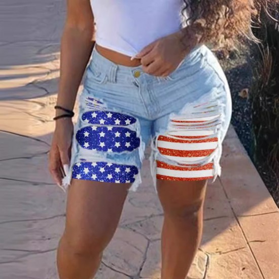 Spring and summer new European and American cross border patchwork denim shorts for women stylish streetwear ripped straight leg mid length pants in stock