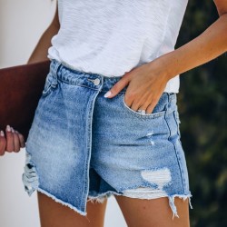 New European and American summer casual elegant washed ripped skirt light blue women's denim shorts