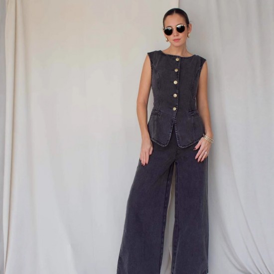  fashionable washed sleeveless vest and trousers set high waisted slimming wide leg denim trousers for women.