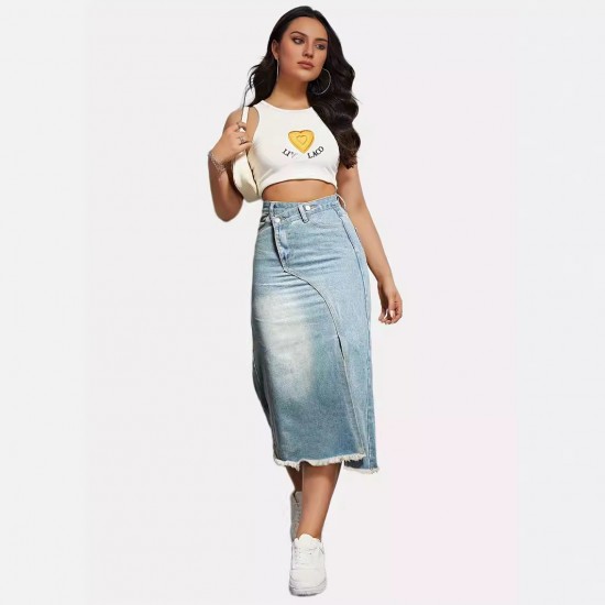 New Spring/Summer New Cross Border American Retro Denim Skirt for Women Fashionable Slit Spliced ​​Midi A Line Skirt