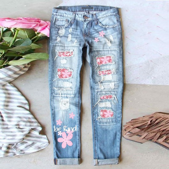 Amazon AliExpress Hot Selling European and American Women's Jeans Ripped Printed Patch Mid Rise Straight Leg Pants In Stock