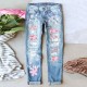 Amazon AliExpress Hot Selling European and American Women's Jeans Ripped Printed Patch Mid Rise Straight Leg Pants In Stock