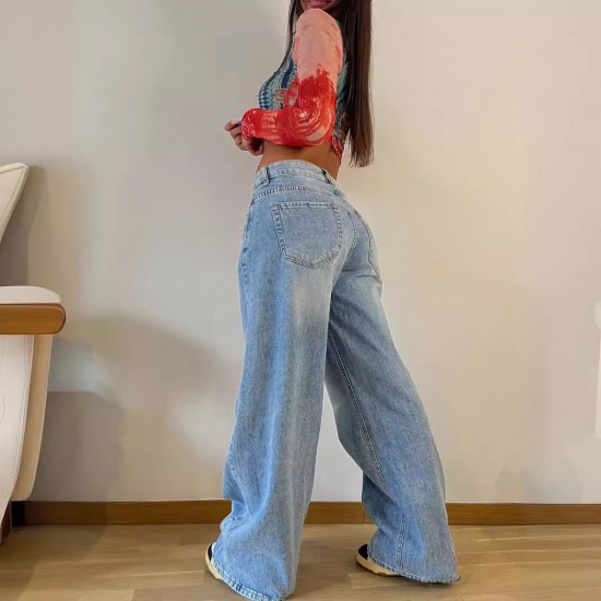 New European and American cross border retro American style long wide leg pants hot girl loose jeans high waist straight leg pants