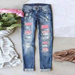 Factory direct sales in stock 5. New Spring Women's Ripped Jeans Best Selling Printed Patchwork Casual Pants on AliExpress Amazon