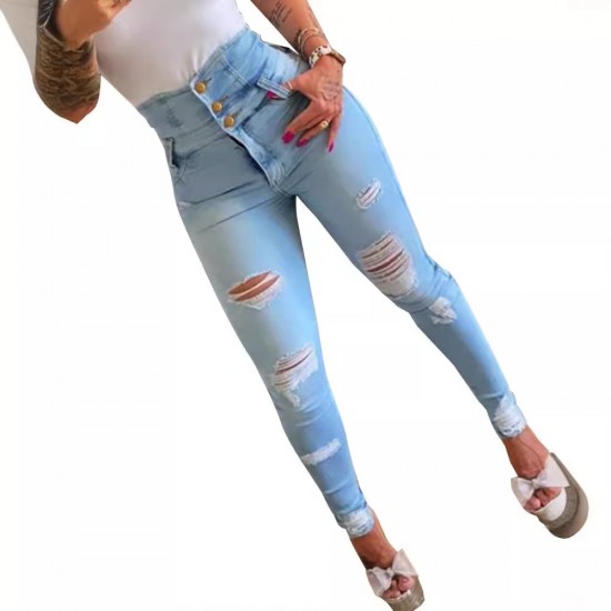 Spring/Autumn New High Waisted Slimming Denim Pants for Women Amazon Hot Selling Ripped Skinny Pants Highly Stretch and Slimming