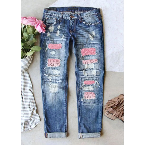 Factory direct sales in stock 5. New Spring Women's Ripped Jeans Best Selling Printed Patchwork Casual Pants on AliExpress Amazon