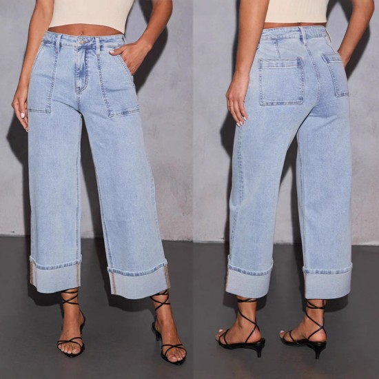 New Stretch Trousers Washed High Waisted Jeans Fashionable Casual and Versatile Wide Leg Jeans for Women