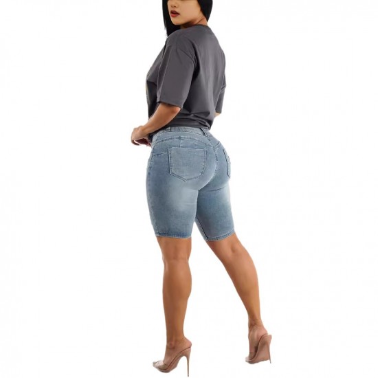 New European and American cross border high waisted ripped denim shorts for women stretchy slim fitting hip lifting cropped pants in stock